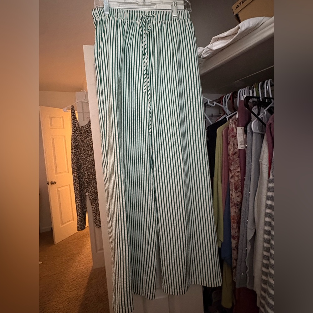 Green Stripe Wide-Leg Drawstring Pants